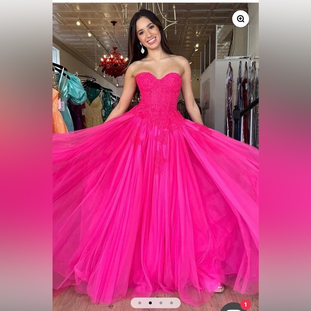 Amora |A-Line Hot Pink Tulle Lace StraplessLong Prom Dress - Picture 1 of 4